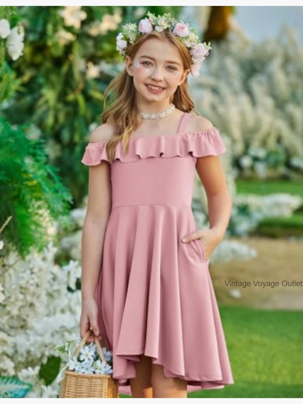 Girls Off Shoulder Flutter Sleeve Midi Swing Dress with Pockets - Picture 3 of 7